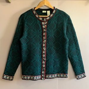 LL BEAN NORDIC FAIR ISLE SNOWFLAKE CARDIGAN GREEN